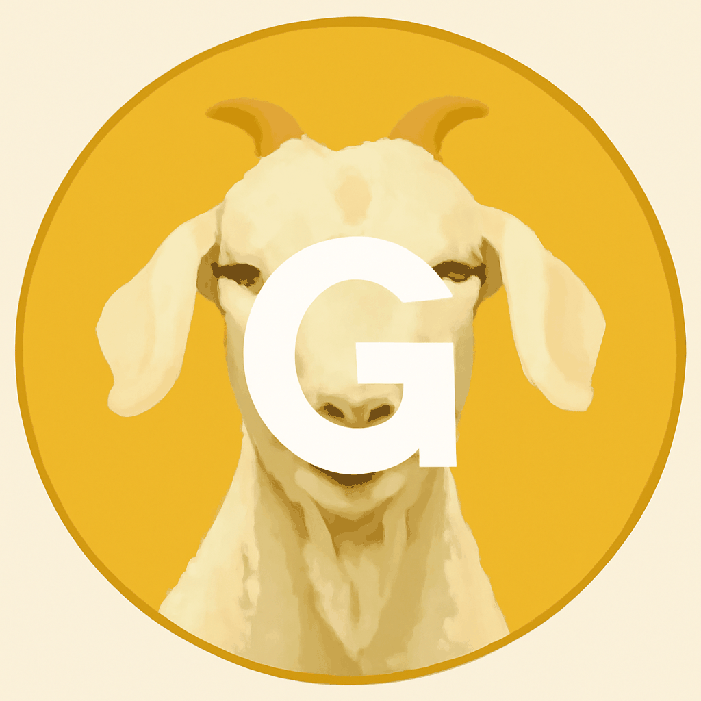 Glenda the goat, portrait in a gold monogram medallion with a giant letter G